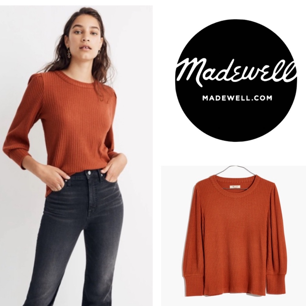 Madewell Brushed Rib Pleat-Sleeve Top Afterglow Red XXS - Picture 2 of 5